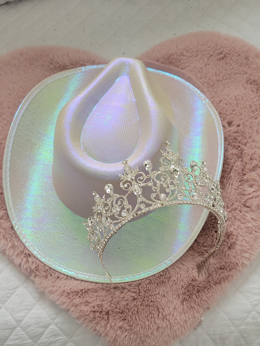 Iridescent White Women's Cowboy Hat with Crystal Tiara Accent